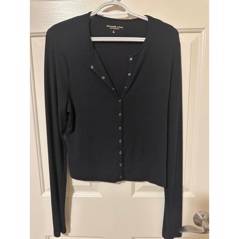 Abercrombie & Fitch Cardigan Womens L Black A&F Essentials Ribbed Snap Front Top